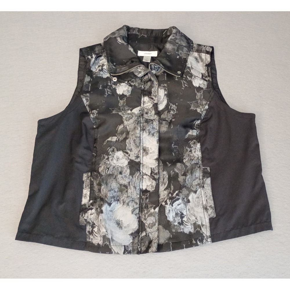 CJ BANKS Vest Womens X(14W) Black‎ Gray Floral Full Zip Lightweight, Metallic